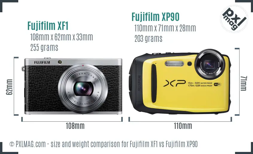 Fujifilm XF1 vs Fujifilm XP90 size comparison Fujifilm XF1 vs Fujifilm XP90 size comparison