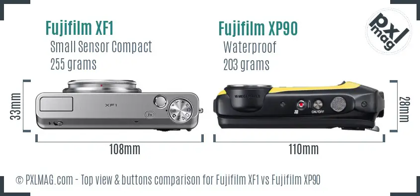 Fujifilm XF1 vs Fujifilm XP90 top view buttons comparison Fujifilm XF1 vs Fujifilm XP90 top view buttons comparison