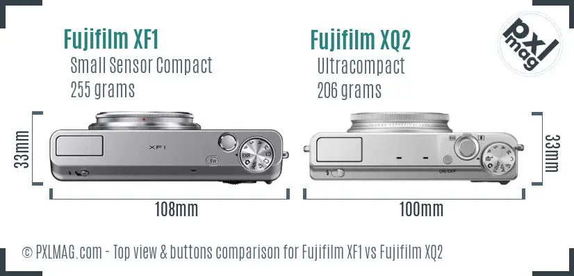 Fujifilm XF1 vs Fujifilm XQ2 top view buttons comparison Fujifilm XF1 vs Fujifilm XQ2 top view buttons comparison