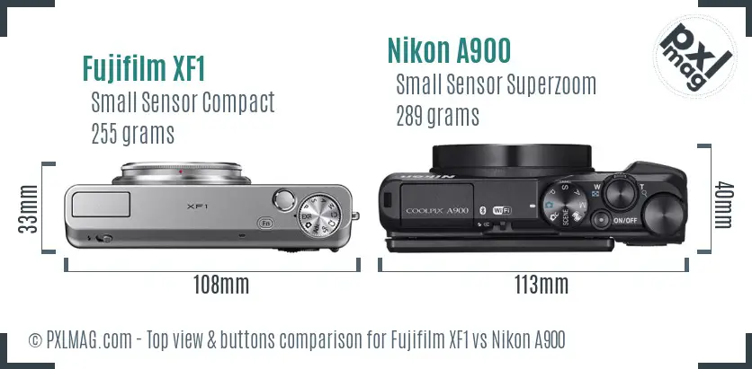 Fujifilm XF1 vs Nikon A900 top view buttons comparison