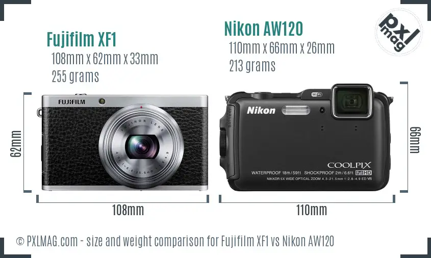 Fujifilm XF1 vs Nikon AW120 size comparison Fujifilm XF1 vs Nikon AW120 size comparison