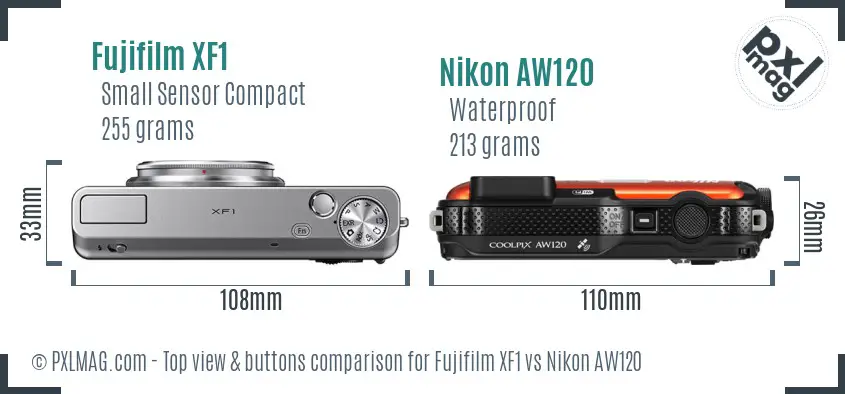 Fujifilm XF1 vs Nikon AW120 top view buttons comparison Fujifilm XF1 vs Nikon AW120 top view buttons comparison