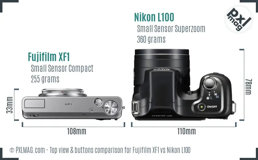 Fujifilm XF1 vs Nikon L100 top view buttons comparison