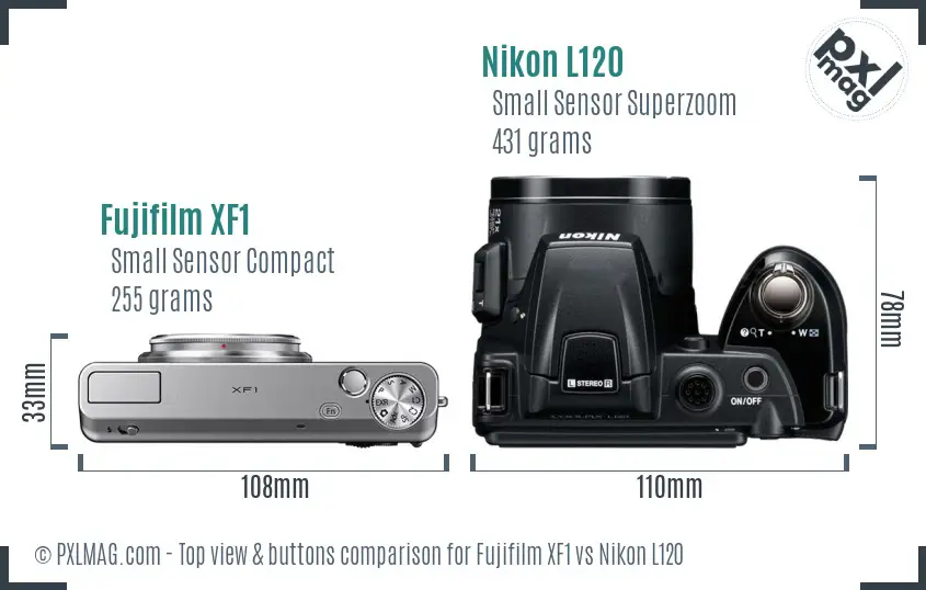 Fujifilm XF1 vs Nikon L120 top view buttons comparison Fujifilm XF1 vs Nikon L120 top view buttons comparison