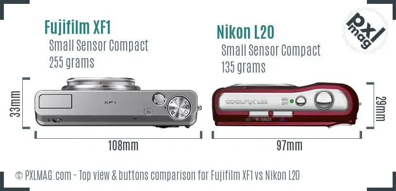 Fujifilm XF1 vs Nikon L20 top view buttons comparison