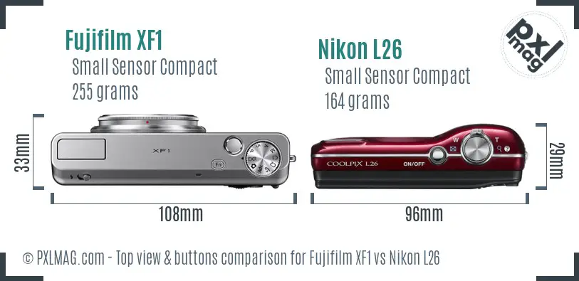 Fujifilm XF1 vs Nikon L26 top view buttons comparison Fujifilm XF1 vs Nikon L26 top view buttons comparison