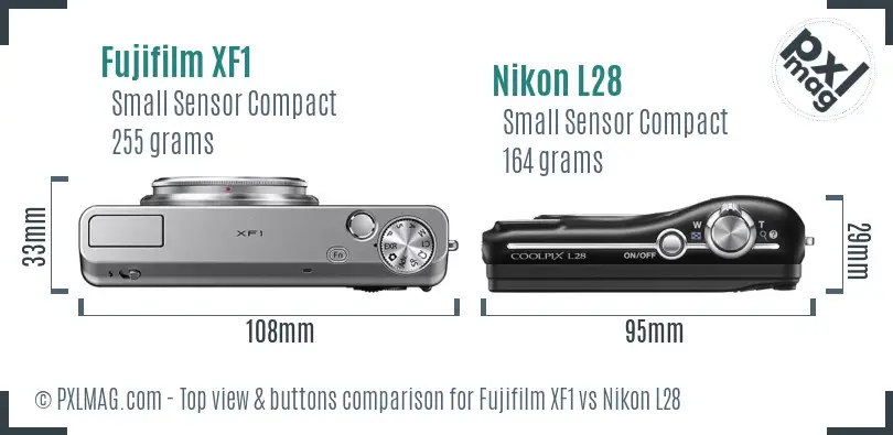 Fujifilm XF1 vs Nikon L28 top view buttons comparison