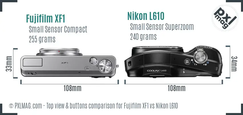 Fujifilm XF1 vs Nikon L610 top view buttons comparison