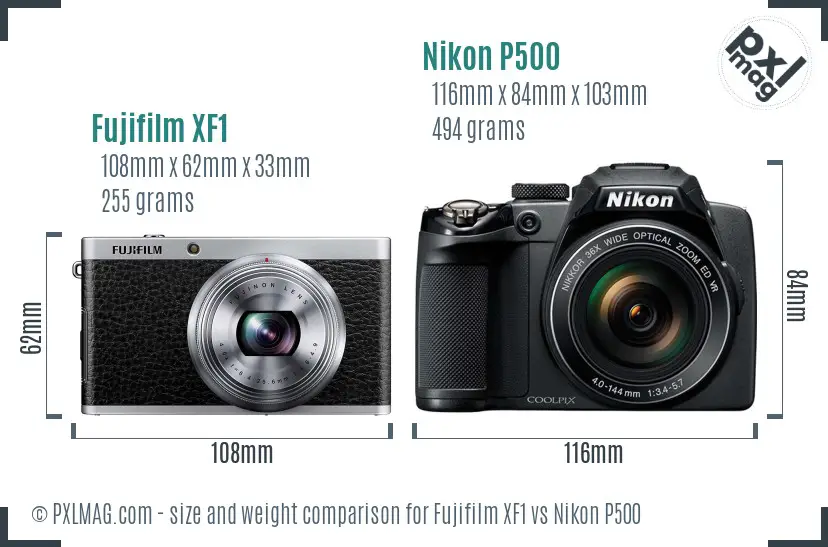 Fujifilm XF1 vs Nikon P500 size comparison