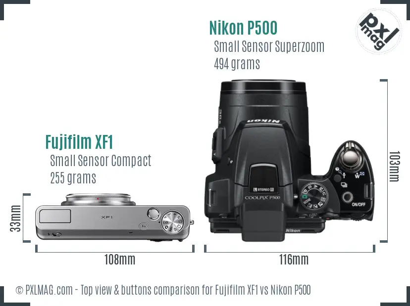 Fujifilm XF1 vs Nikon P500 top view buttons comparison