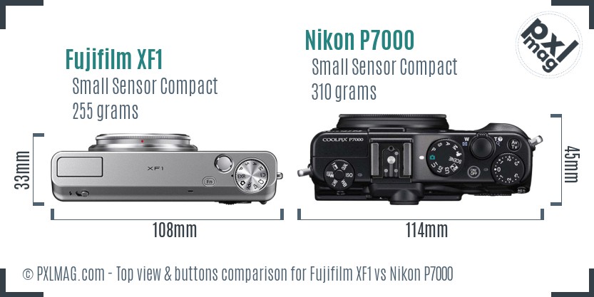 Fujifilm XF1 vs Nikon P7000 top view buttons comparison