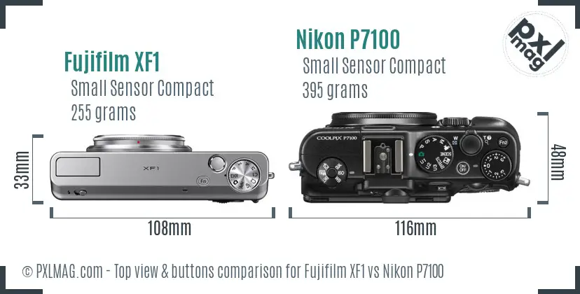 Fujifilm XF1 vs Nikon P7100 top view buttons comparison