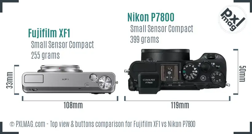 Fujifilm XF1 vs Nikon P7800 top view buttons comparison