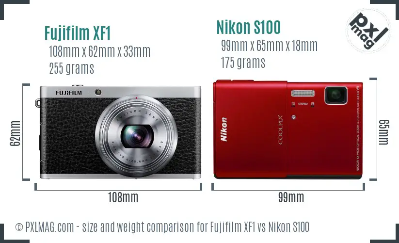 Fujifilm XF1 vs Nikon S100 size comparison