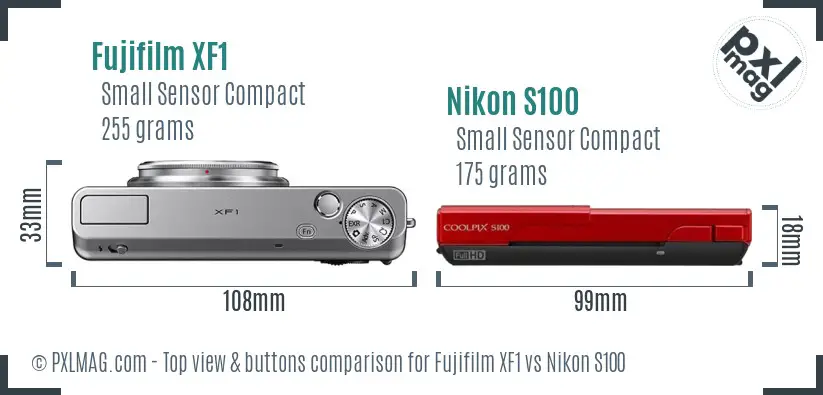 Fujifilm XF1 vs Nikon S100 top view buttons comparison