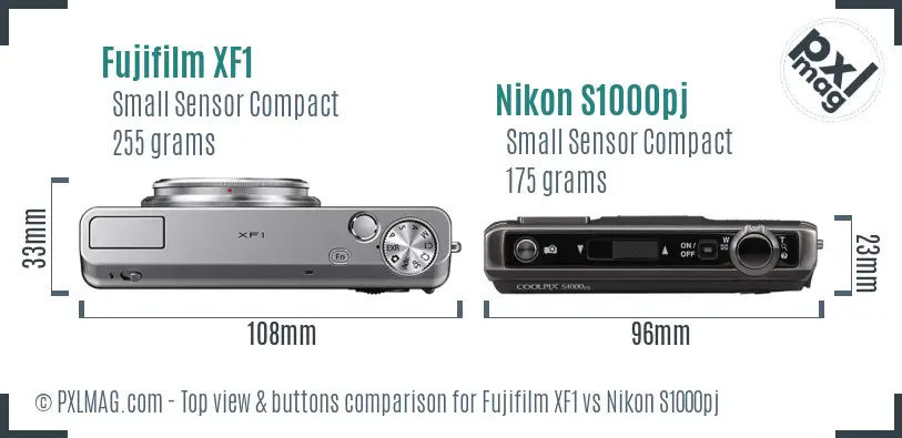 Fujifilm XF1 vs Nikon S1000pj top view buttons comparison