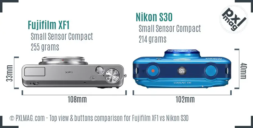 Fujifilm XF1 vs Nikon S30 top view buttons comparison