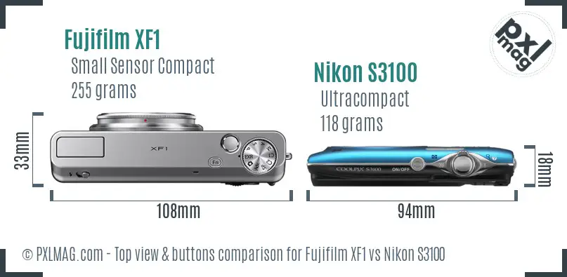 Fujifilm XF1 vs Nikon S3100 top view buttons comparison