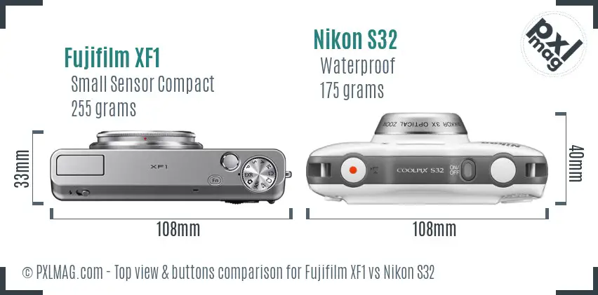 Fujifilm XF1 vs Nikon S32 top view buttons comparison Fujifilm XF1 vs Nikon S32 top view buttons comparison