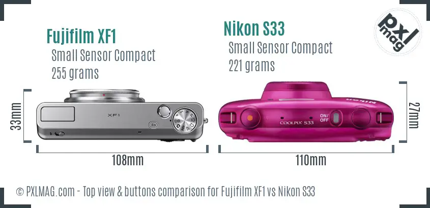 Fujifilm XF1 vs Nikon S33 top view buttons comparison