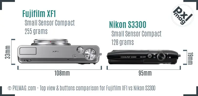 Fujifilm XF1 vs Nikon S3300 top view buttons comparison Fujifilm XF1 vs Nikon S3300 top view buttons comparison