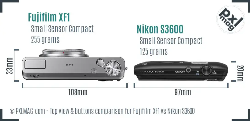 Fujifilm XF1 vs Nikon S3600 top view buttons comparison