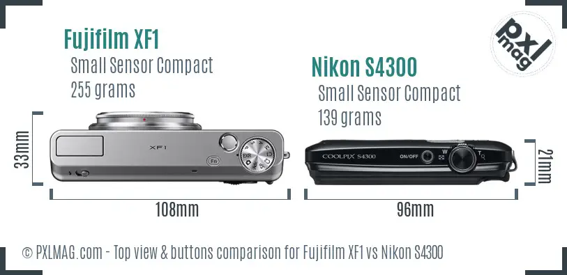 Fujifilm XF1 vs Nikon S4300 top view buttons comparison