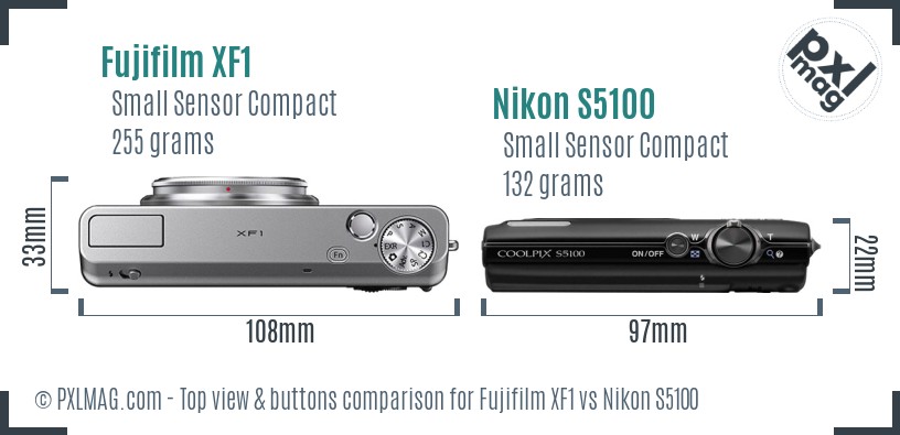 Fujifilm XF1 vs Nikon S5100 top view buttons comparison