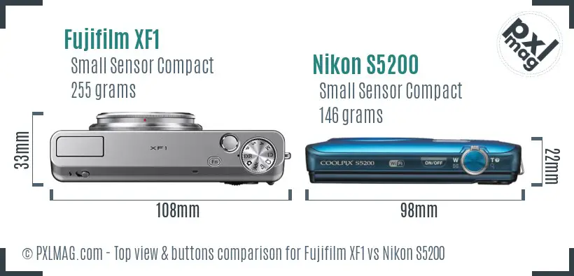 Fujifilm XF1 vs Nikon S5200 top view buttons comparison