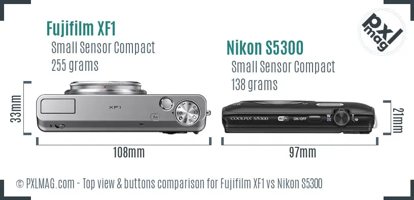 Fujifilm XF1 vs Nikon S5300 top view buttons comparison