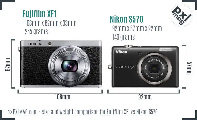 Fujifilm XF1 vs Nikon S570 size comparison