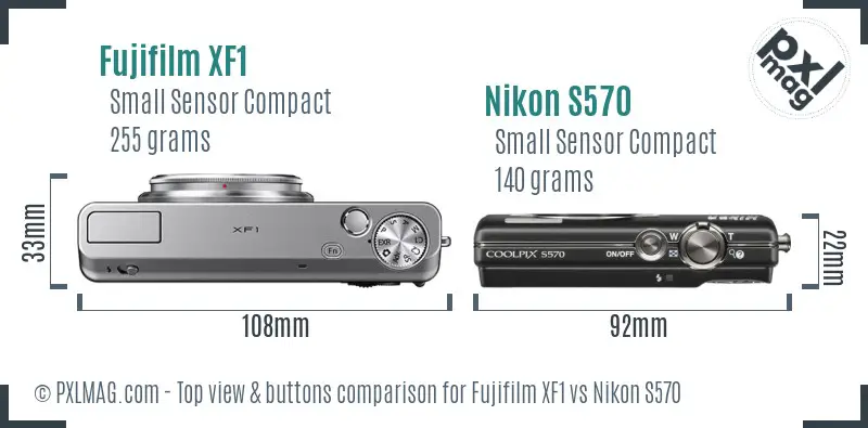 Fujifilm XF1 vs Nikon S570 top view buttons comparison