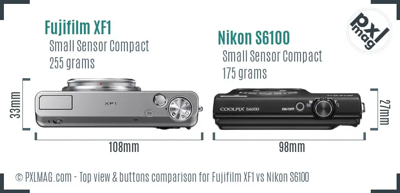 Fujifilm XF1 vs Nikon S6100 top view buttons comparison