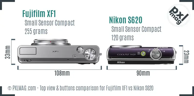 Fujifilm XF1 vs Nikon S620 top view buttons comparison