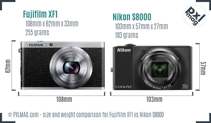 Fujifilm XF1 vs Nikon S8000 size comparison