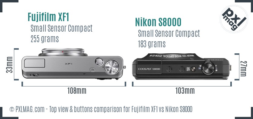 Fujifilm XF1 vs Nikon S8000 top view buttons comparison