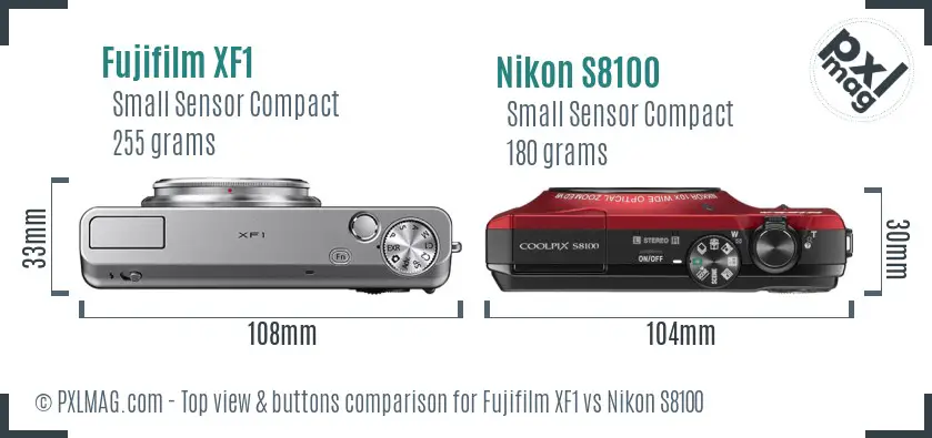 Fujifilm XF1 vs Nikon S8100 top view buttons comparison