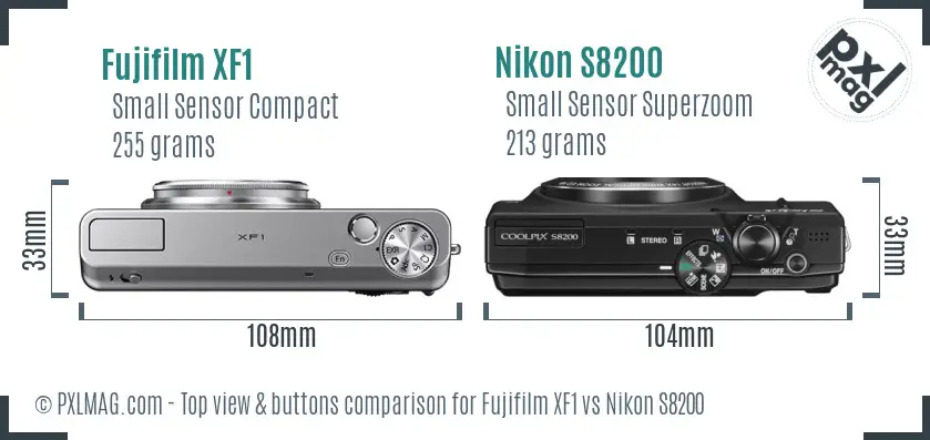 Fujifilm XF1 vs Nikon S8200 top view buttons comparison