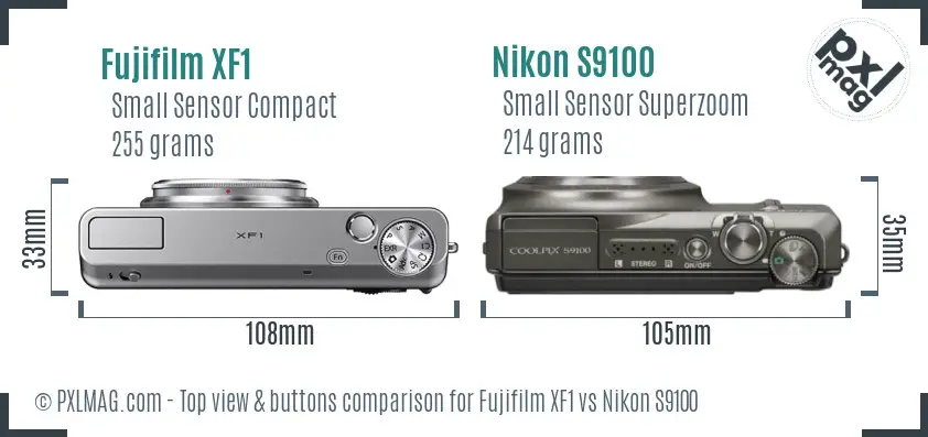 Fujifilm XF1 vs Nikon S9100 top view buttons comparison Fujifilm XF1 vs Nikon S9100 top view buttons comparison