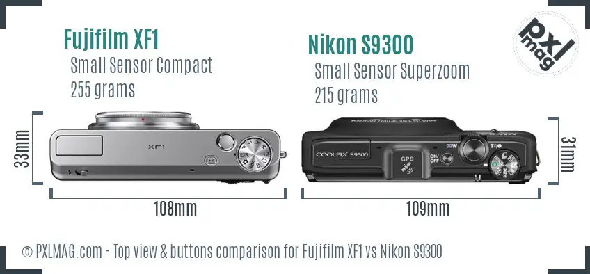 Fujifilm XF1 vs Nikon S9300 top view buttons comparison