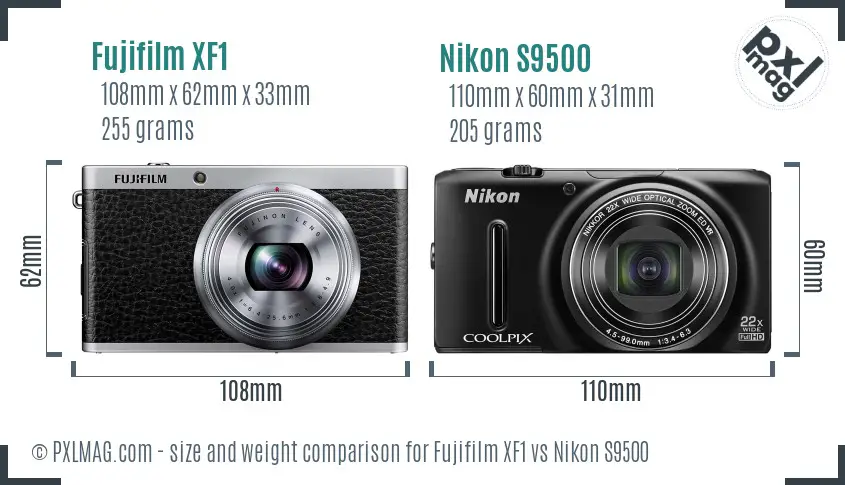 Fujifilm XF1 vs Nikon S9500 size comparison