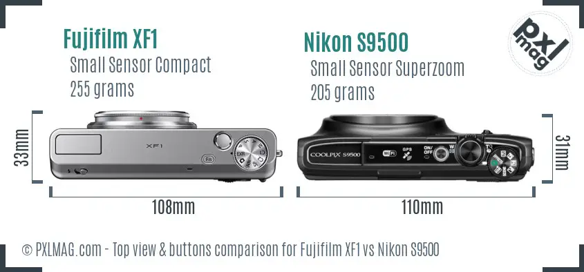 Fujifilm XF1 vs Nikon S9500 top view buttons comparison