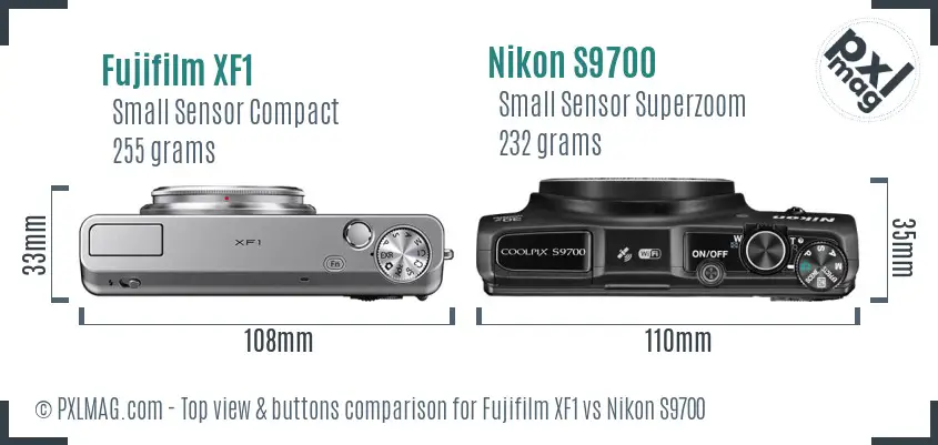 Fujifilm XF1 vs Nikon S9700 top view buttons comparison Fujifilm XF1 vs Nikon S9700 top view buttons comparison
