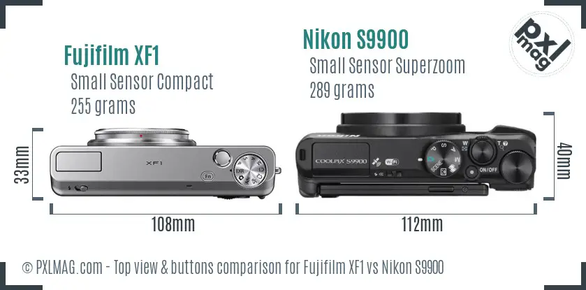 Fujifilm XF1 vs Nikon S9900 top view buttons comparison