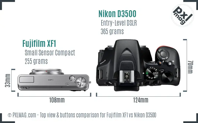 Fujifilm XF1 vs Nikon D3500 top view buttons comparison