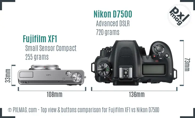Fujifilm XF1 vs Nikon D7500 top view buttons comparison