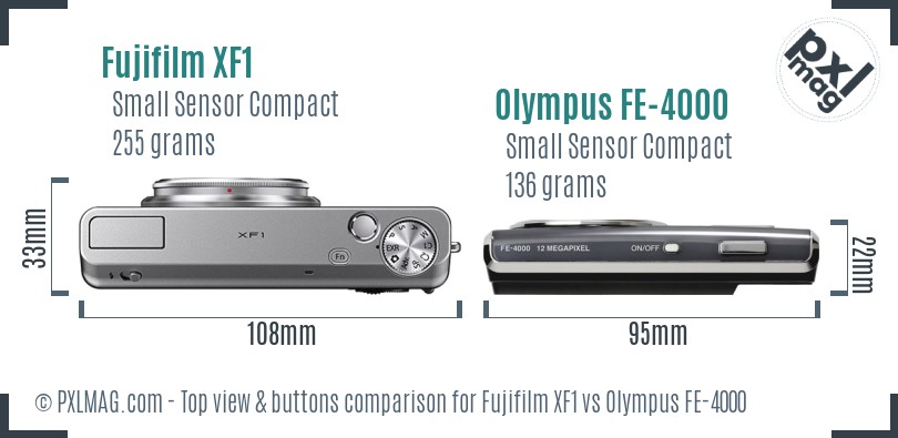 Fujifilm XF1 vs Olympus FE-4000 top view buttons comparison