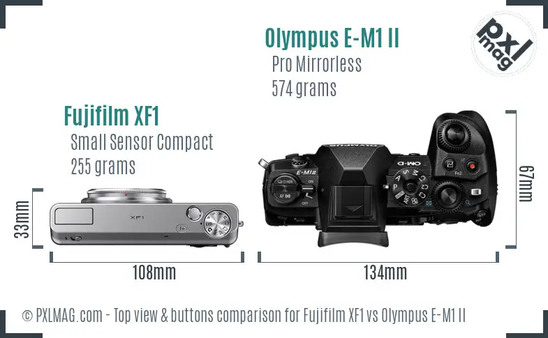 Fujifilm XF1 vs Olympus E-M1 II top view buttons comparison