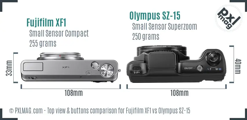 Fujifilm XF1 vs Olympus SZ-15 top view buttons comparison Fujifilm XF1 vs Olympus SZ-15 top view buttons comparison