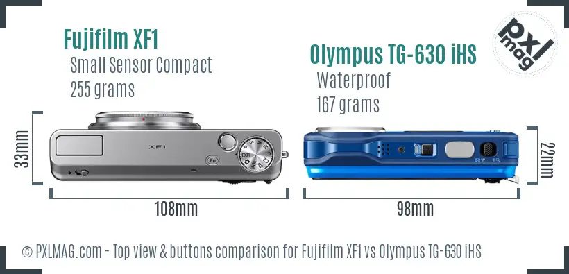Fujifilm XF1 vs Olympus TG-630 iHS top view buttons comparison Fujifilm XF1 vs Olympus TG-630 iHS top view buttons comparison